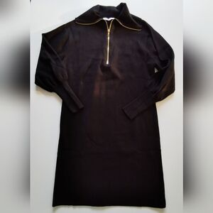 Cleo Black Mini / Midi Knit Long Sleeve Dress with Quarter Zip Gold Zipper